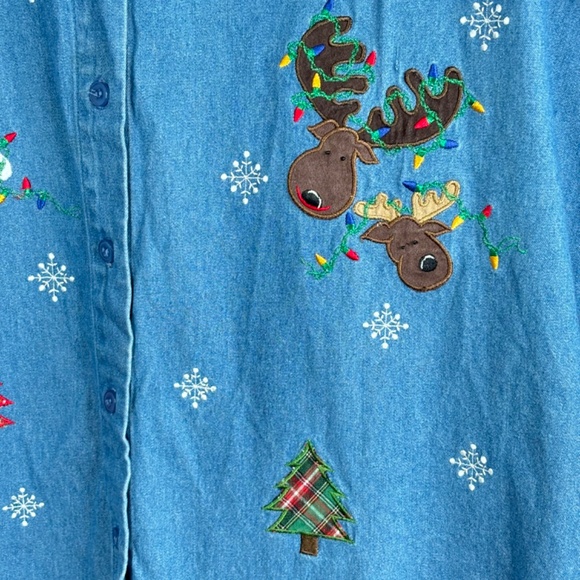 VTG Embroidered Christmas Denim Button Down XL Plaid Collar 90s Holiday Granny - Picture 4 of 10